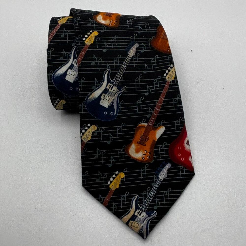Umo Lorenzo Guitar Tie Men’s Music Theme Necktie Black Hand Made Polyester